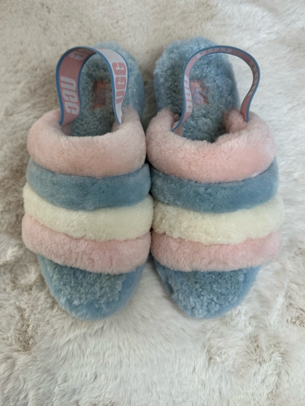 UGG Pastel Fuzzy Slide Sandals in Blue, Pink, Cream size 9